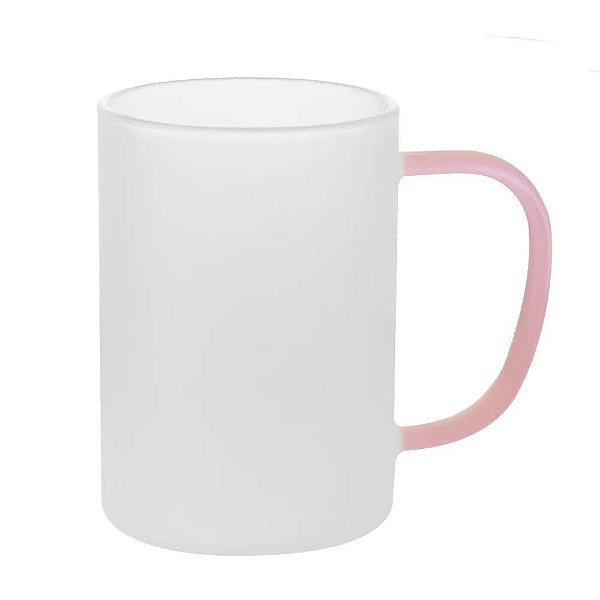 Caneca de Vidro Borossilicato Jateada com Alça Rosa- 300ml para Sublimação