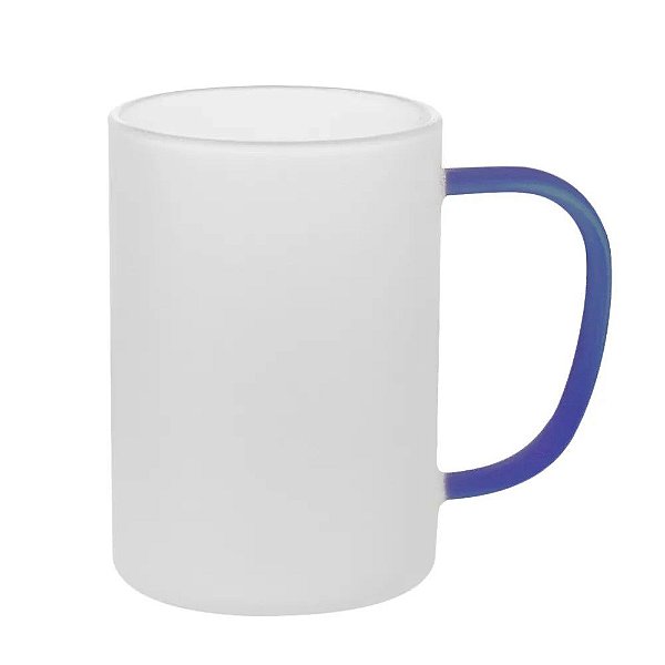 Caneca de Vidro Borossilicato Jateada com Alça Azul- 300ml para Sublimação