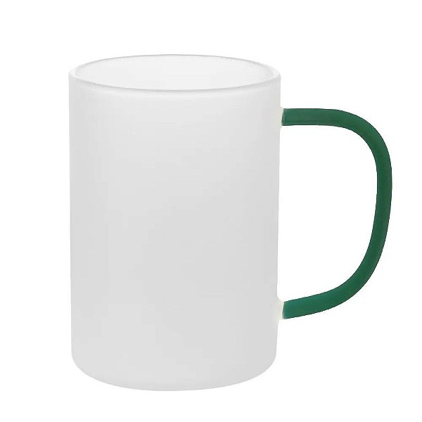 Caneca de Vidro Borossilicato Jateada com Alça Verde- 300ml para Sublimação