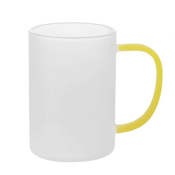 Caneca de Vidro Borossilicato Jateada com Alça Amarela- 300ml para Sublimação