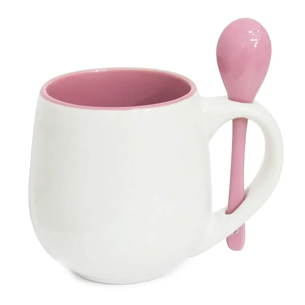 Caneca Branca Belly com Colher e Interior Rosa - 350ml - para Sublimação