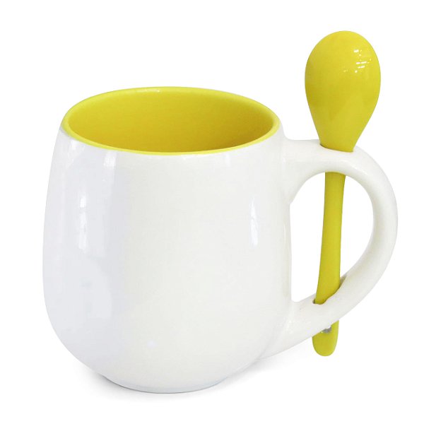 Caneca Branca Belly com Colher e Interior Amarela- 350ml - para Sublimação