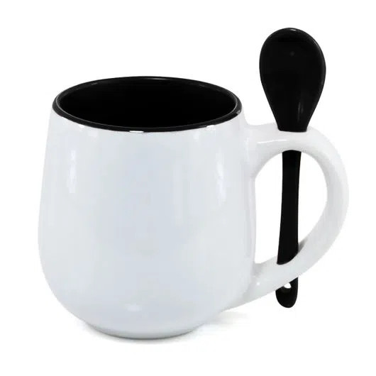 Caneca Branca Belly com Colher e Interior Preta- 350ml - para Sublimação