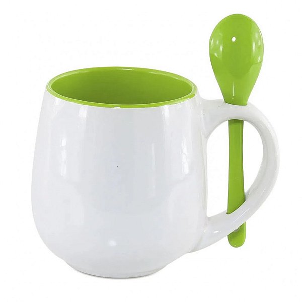 Caneca Branca Belly com Colher e Interior Verde claro- 350ml - para Sublimação