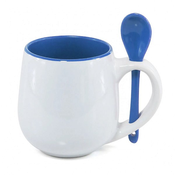Caneca Branca Belly com Colher e Interior Azul- 350ml - para Sublimação