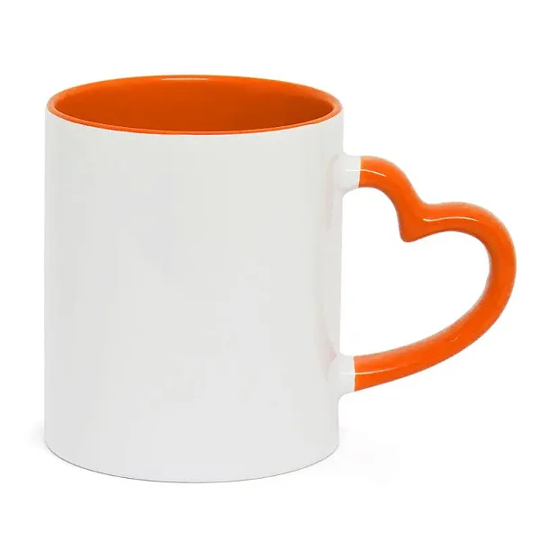 Caneca Branca com Alça Coração Laranja - Interior e Alça Colorida 325ml | Para Personalização/ Sublimação