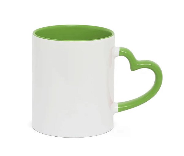Caneca Branca com Alça Coração Verde Claro- Interior e Alça Colorida 325ml | Para Personalização/ Sublimação