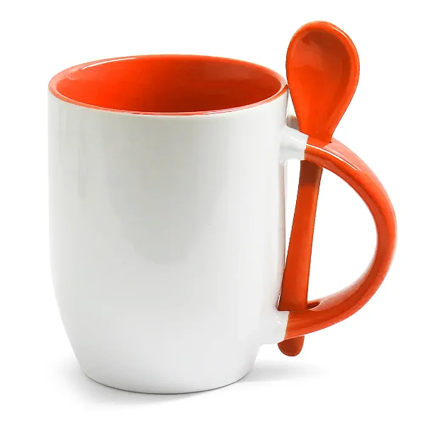 Caneca Branca com Colher, Interior e Alça Colorida - Laranja (Cônica) – 325ml | Ideal para Sublimação