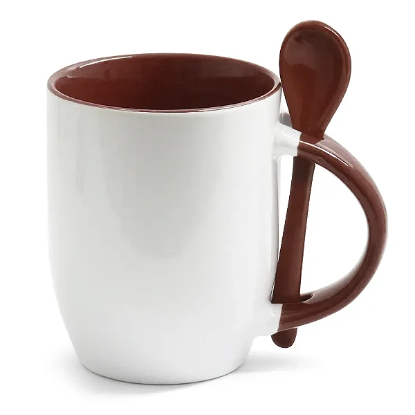 Caneca Branca com Colher, Interior e Alça Colorida - Marrom (Cônica) – 325ml | Ideal para Sublimação