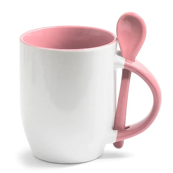 Caneca Branca com Colher, Interior e Alça Colorida - Rosa claro (Cônica) – 325ml | Ideal para Sublimação