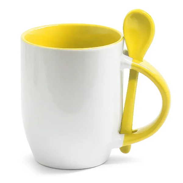 Caneca Branca com Colher, Interior e Alça Colorida - Amarela (Cônica) – 325ml | Ideal para Sublimação