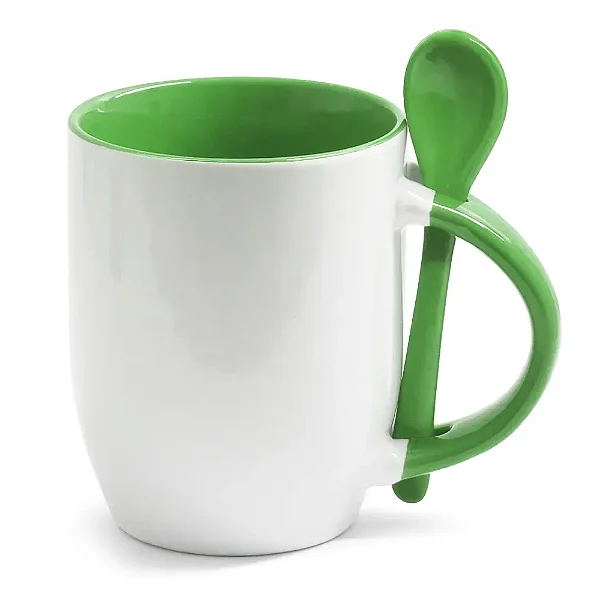 Caneca Branca com Colher, Interior e Alça Colorida - Verde claro(Cônica) – 325ml | Ideal para Sublimação