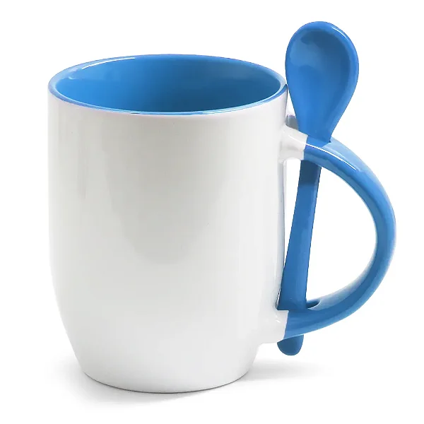 Caneca Branca com Colher, Interior e Alça Colorida - Azul claro(Cônica) – 325ml | Ideal para Sublimação
