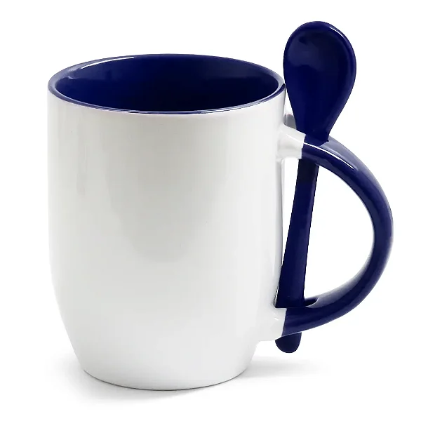 Caneca Branca com Colher, Interior e Alça Colorida - Azul escuro(Cônica) – 325ml | Ideal para Sublimação
