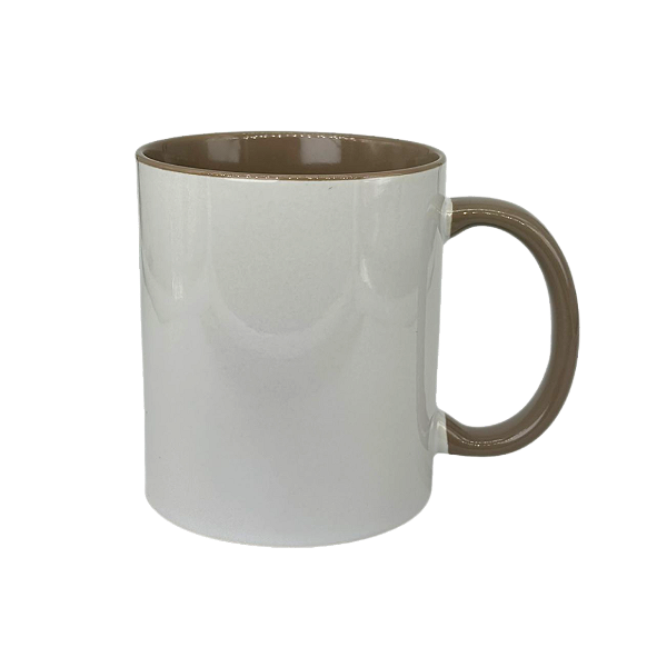Caneca Branca Interior e Alça Marrom claro Para Sublimação 325ml - Importada