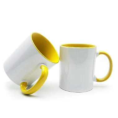 Caneca Branca Interior e Alça Amarelo Para Sublimação 325ml