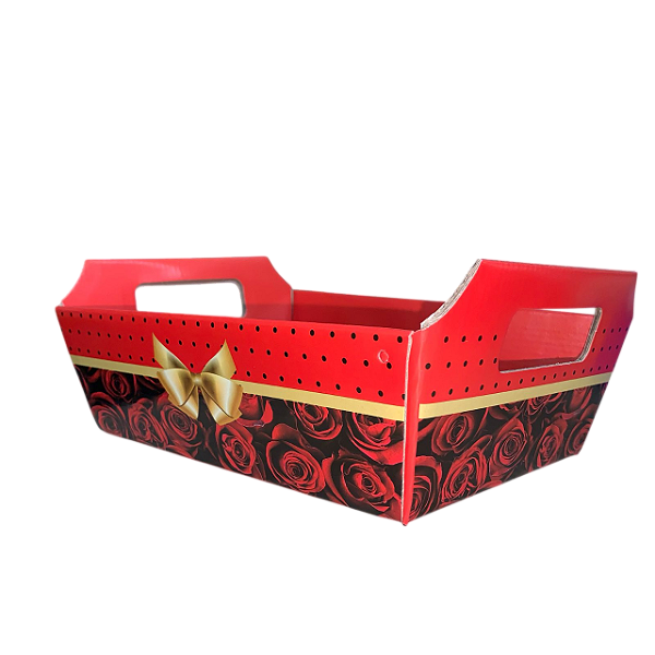 Cesta de Papel Cartão Estampa rosas vermelha + laços dourados 23x19 cm - cesta para montar kits