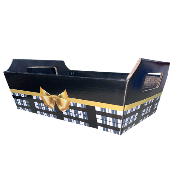 Cesta de Papel Cartão Estampa xadrez + laços dourados 23x19 cm - cesta para montar kits