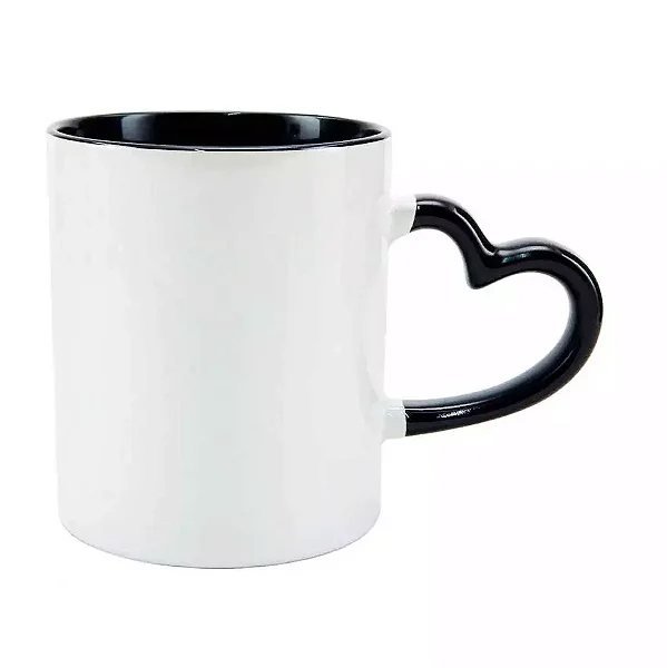 Caneca Branca com Alça Coração Preta- Interior e Alça Colorida 325ml | Para Personalização/ Sublimação
