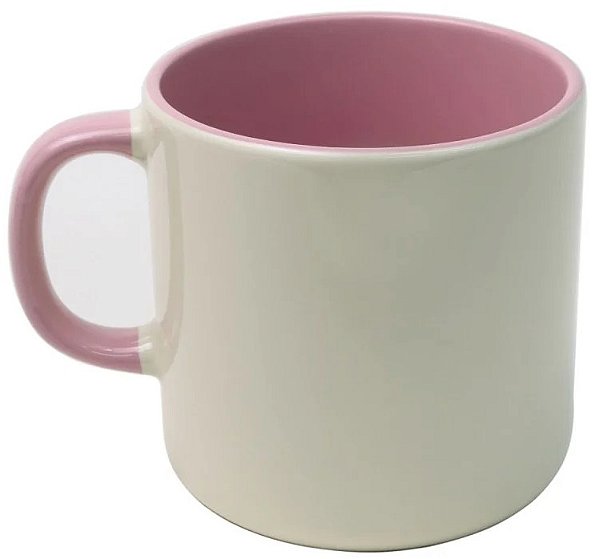 Caneca de Cerâmica Brilhante Bege  Trio Decor com Alça Meia-Lua e Interior Rosa  BB – 380ml