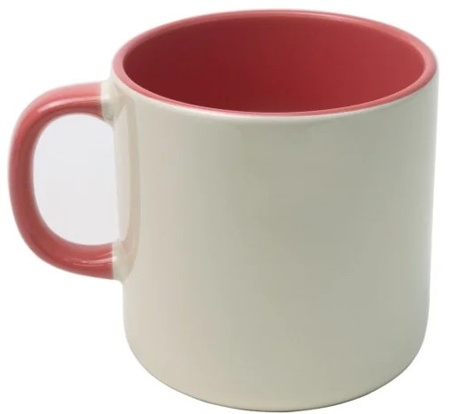 Caneca de Cerâmica Brilhante Bege  Trio Decor com Alça Meia-Lua e Interior Rosa 2 – 380ml