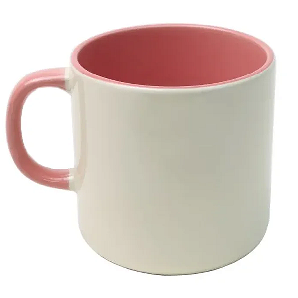Caneca de Cerâmica Brilhante Bege  Trio Decor com Alça Meia-Lua e Interior Rosa  1 – 380ml