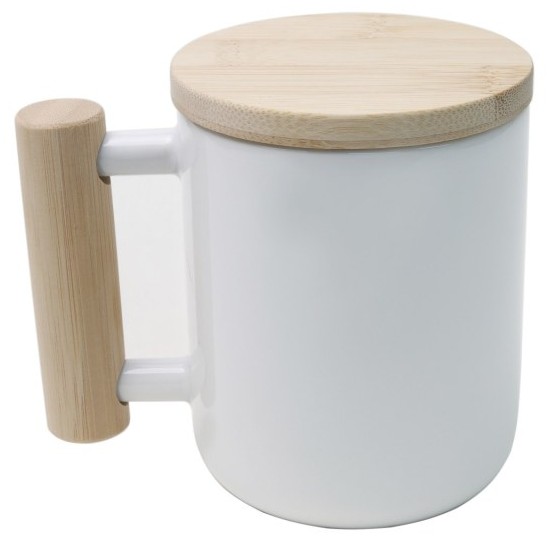 Caneca Cerâmica Wood com Tampa e Alça de Bambu – Brilhosa 325ml