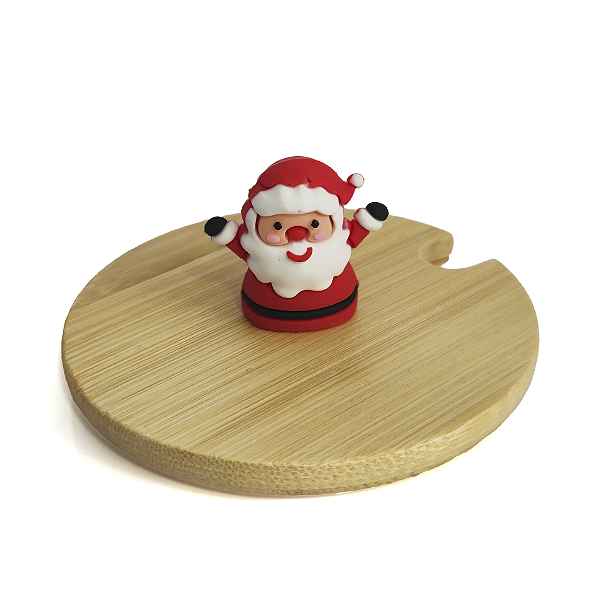Tampa de Bambu com Miniatura Papai Noel Para Caneca