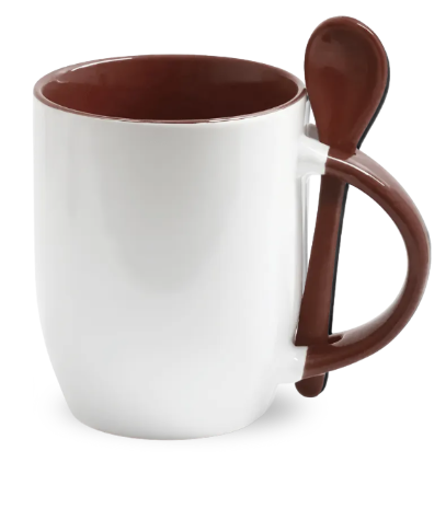 Caneca Branca com Colher, Interior e Alça Colorida - Marrom (Cônica) – 325ml | Ideal para Sublimação: