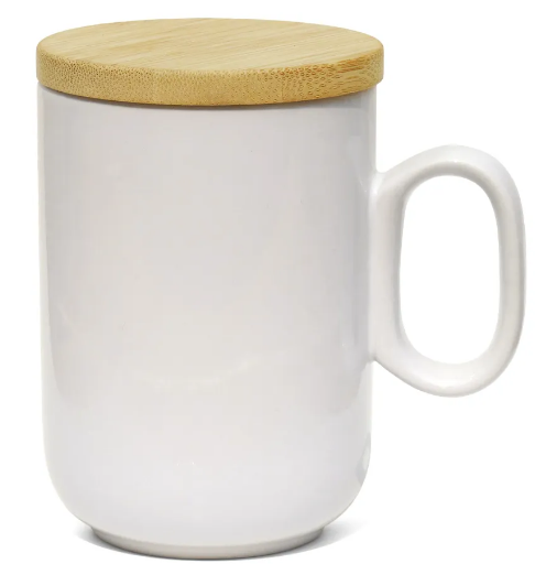 Caneca Branca Slim Com Tampa Bambu | 325ml