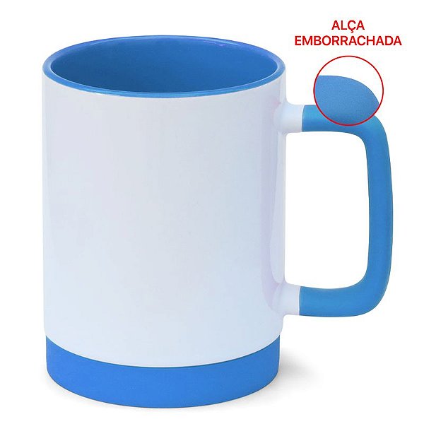 Caneca para Sublimação de Cerâmica Branca com Alça Soft e Base em Silicone – Interior Azul | Qualidade Premium
