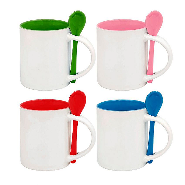 Caneca Branca com Colher, Interior colorido e Alça branca| 325ml (P/ Sublimação)
