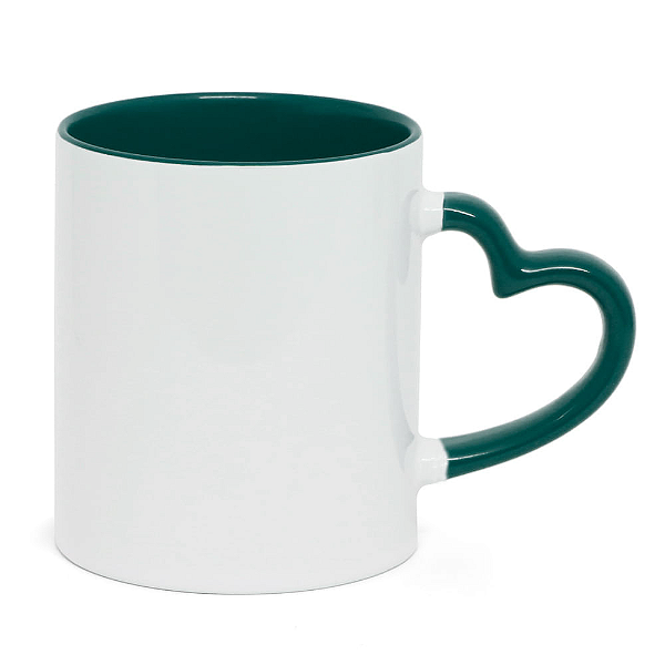 Caneca Branca com Alça Coração Verde escuro- Interior e Alça Colorida 325ml | Para Personalização/ Sublimação