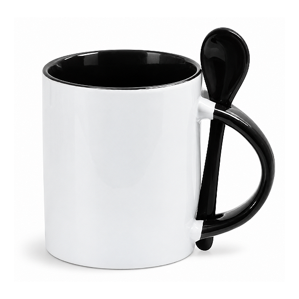 Caneca com Colher Reta Preta 325ml para Sublimação