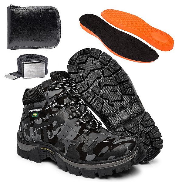 Kit Bota Coturno Adventure Masculino Camuflado em Couro Legítimo e Solado Costurado