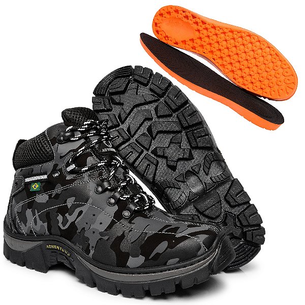 Bota Coturno Adventure Masculino Camuflado em Couro Legítimo e Solado Costurado
