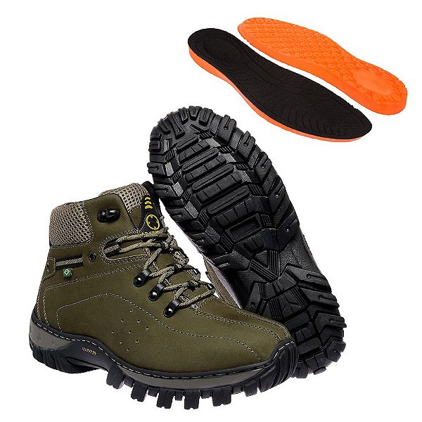 Bota Coturno Adventure Masculino Oliva em Couro Legítimo e Solado Costurado