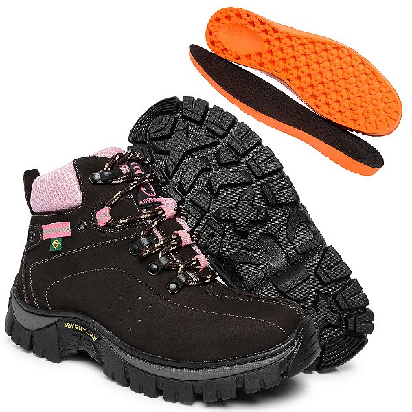 Bota Coturno Adventure Feminino Café-Rosa em Couro Legítimo e Solado Costurado