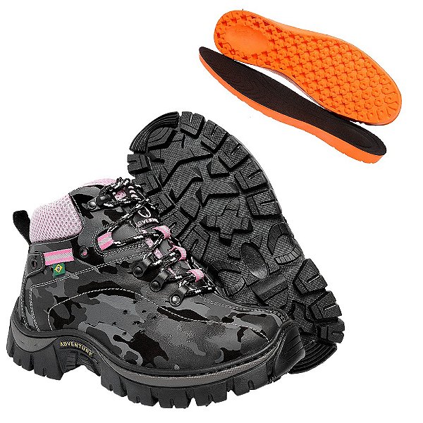 Bota Coturno Adventure Feminino Camuflado-Rosa em Couro Legítimo e Solado Costurado