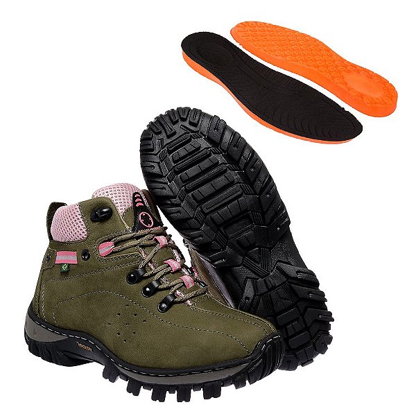 Bota Coturno Adventure Feminino Oliva-Rosa em Couro Legítimo e Solado Costurado