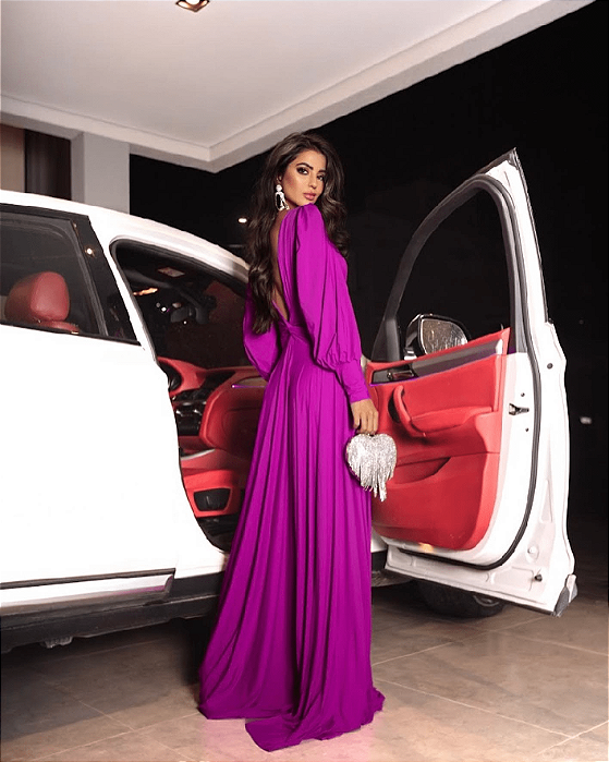 VESTIDO DE FESTA MANGA LONGA ROXO DECOTE EM V