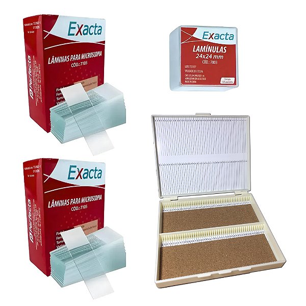 Kit 100 Lâminas + 100 Lamínulas + Porta Lâminas Microscopia