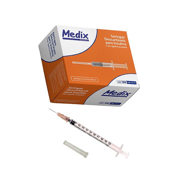 Seringa 1ml de Insulina C/ Agulha Acoplada 13x0.45 Luer Slip (26g 1/2) Cx C/ 100un (Medix)