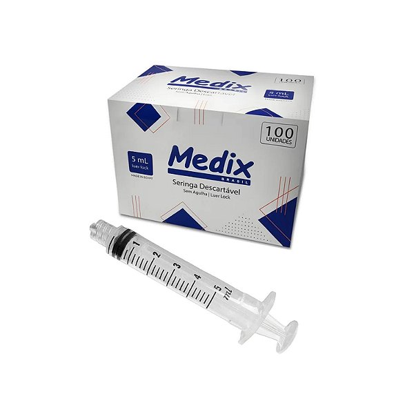 Seringa 5ml Descartável Estéril Bico Luer Lock S/ Agulha Caixa C/ 100un (Medix)