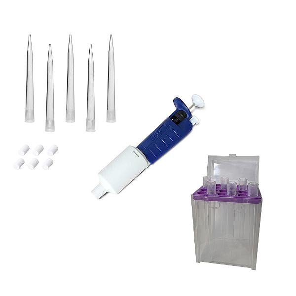 Kit Micropipeta Vol. Variável 1000 À 5000 Ul + 100 Ponteira + Filtros + Rack