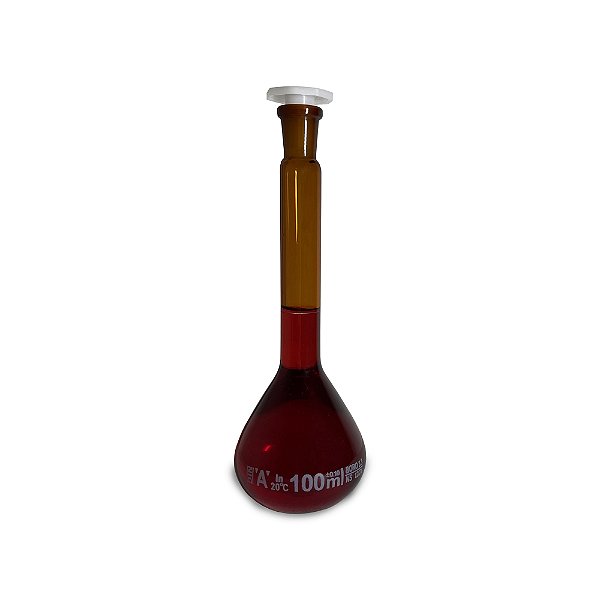 Balão Volumétrico de Vidro Âmbar 100ml Rolha de Polietileno