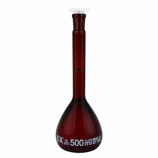 Balão Volumétrico de Vidro Âmbar 500ml Rolha de Polietileno