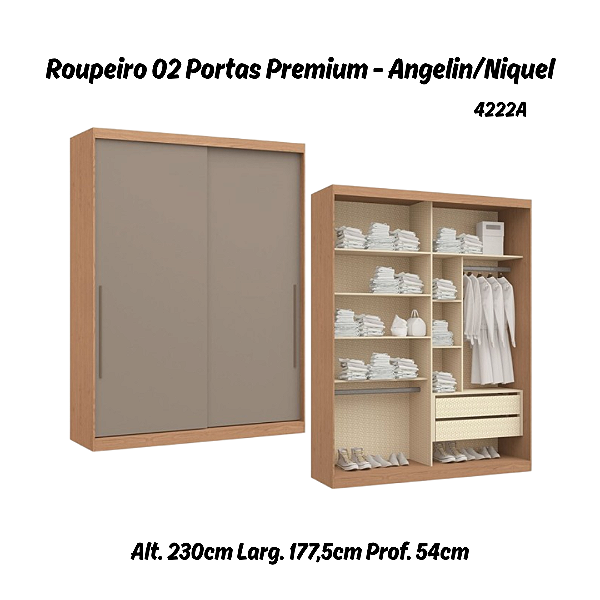 Roupeiro 02 Portas de Correr Premium Elegance 4222A - Angelin / Níquel - Móveis Castro