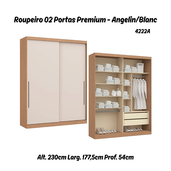 Roupeiro 02 Portas de Correr Premium Elegance 4222A - Angelin / Blanc - Móveis Castro