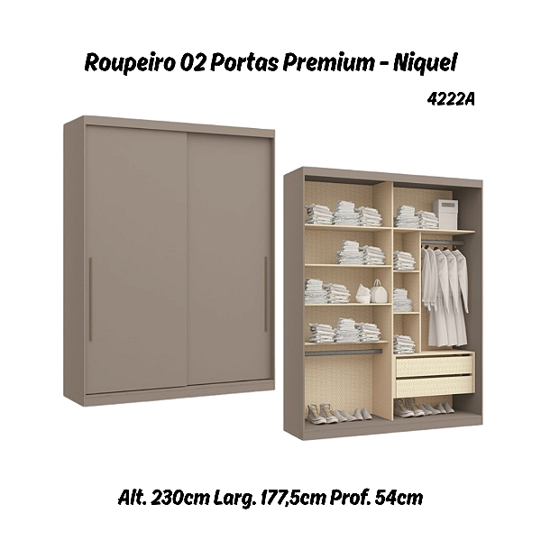 Roupeiro 02 Portas de Correr Premium Elegance 4222A - Níquel - Móveis Castro